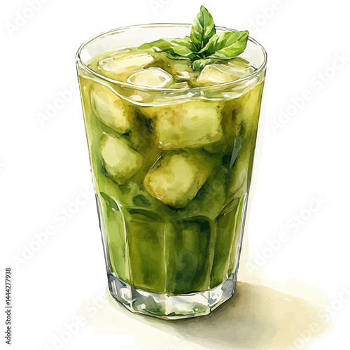 watercolor of Glass Of Iced Matcha Latte, vector, isolated on a white background.