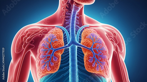 Pneumococcal pneumonia, medical concept. 3D illustration showing bacteria Streptococcus pneumoniae in human lungs
