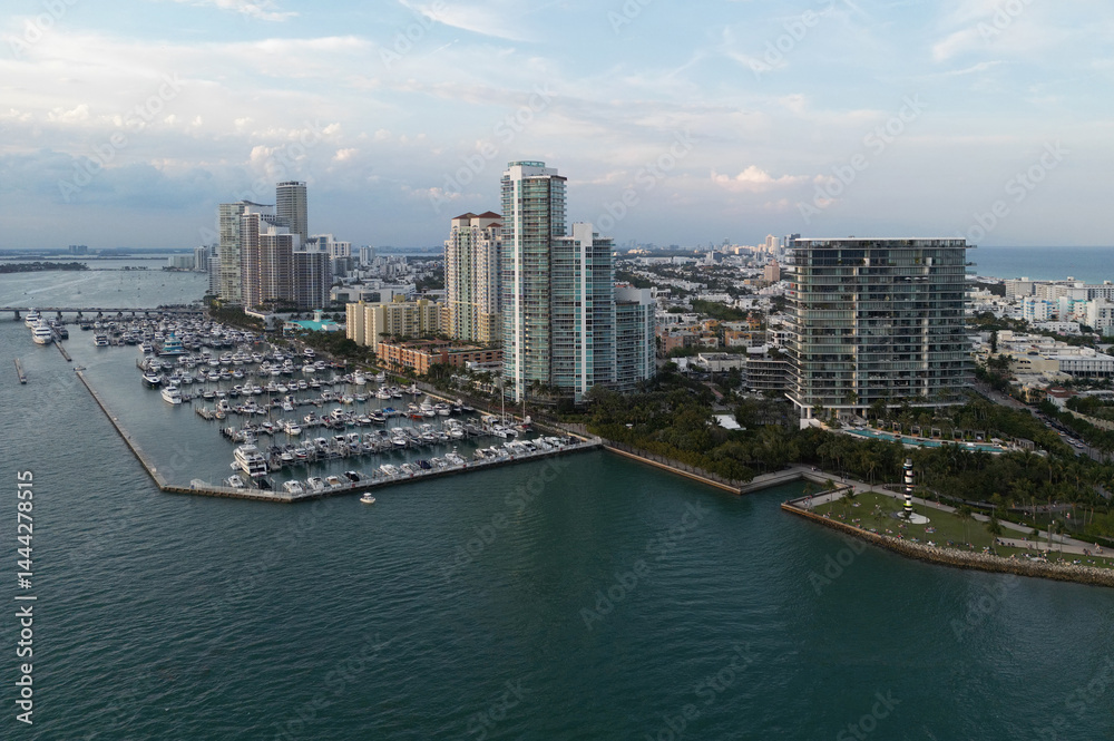 Miami Beach aerial view with skyline. Miami from above. Miamis famous landmarks. South Pointe beach with skyscrapers. Miami city panorama. Miami skyline and ocean.