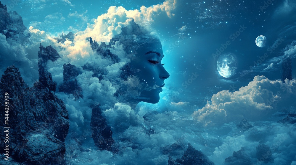 Fototapeta premium A surreal portrait of a woman's face emerging from clouds in the night sky, with planets and stars surrounding her.