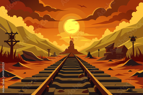 Endless Rails Through Desolate Western Landscape A Sunset Vista
