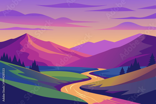 Vibrant Sunset Landscape Serene Mountain Valley and Winding River