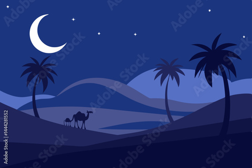Serene Nightscape Desert Camel Silhouette Under the Crescent Moon