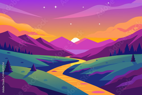 Vibrant Sunset Landscape Serene River Valley, Colorful Mountains, Starry Night Sky