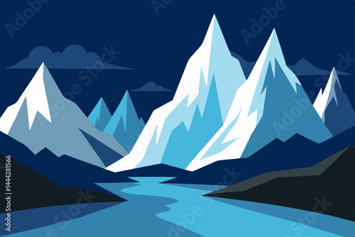 Majestic Mountain Peaks and Serene River A Nighttime Landscape Illustration