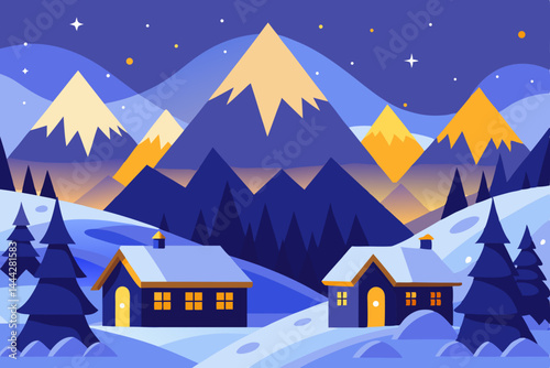 Serene Winter Night Cozy Cottages Nestled in Majestic Mountain Landscape
