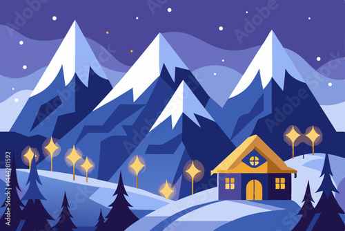 Enchanted Winter Night Cozy Cabin nestled in Majestic Mountains