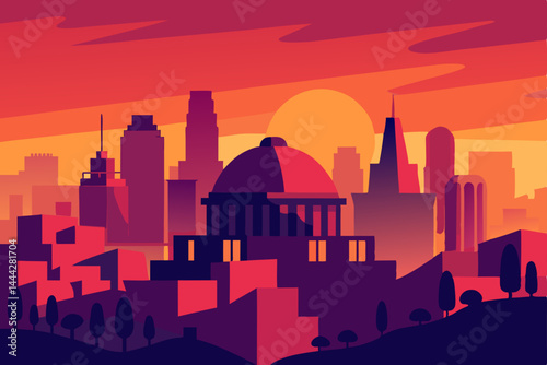 Vibrant Sunset Cityscape A Stunning Silhouette Illustration of Urban Architecture