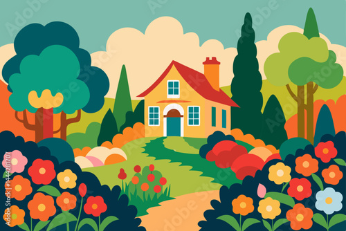 Charming Cottage nestled in a Vibrant Spring Garden A Colorful Illustration