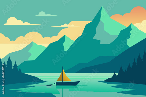 Serene Sunset Sailboat Mountain Lake Landscape Illustration