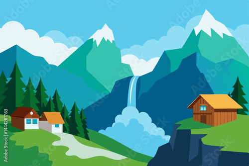 Majestic Mountain Landscape Serene Waterfall, Alpine Village, and Snow-Capped Peaks
