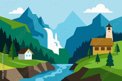 Serene Mountain Valley Landscape Majestic Peaks, Waterfall, and Charming Village