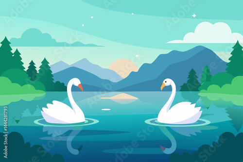 Serene Swan Couple on Calm Lake at Sunrise Majestic Mountain View