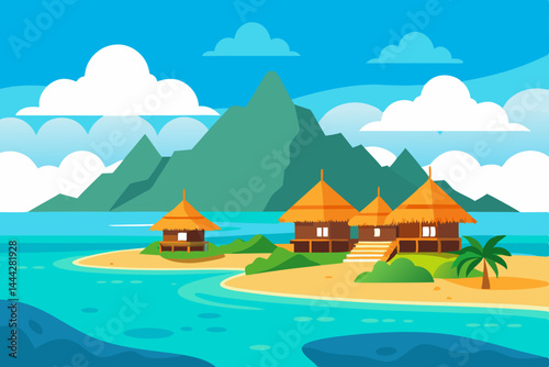 Tropical Island Paradise Idyllic Beachfront Bungalows and Lush Scenery