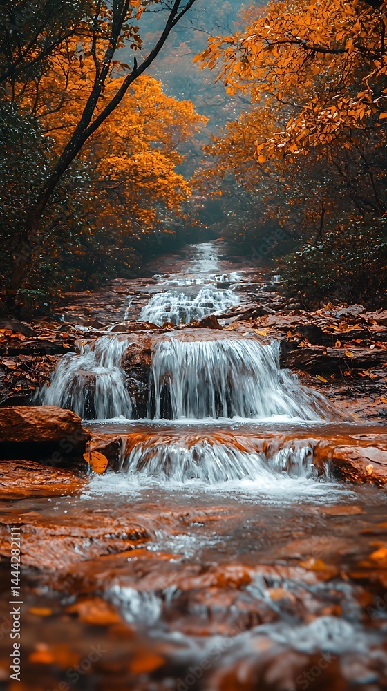 Serene autumn waterfall cascading through rocky terrain Serene autumn waterfall cascading through rocky terrain