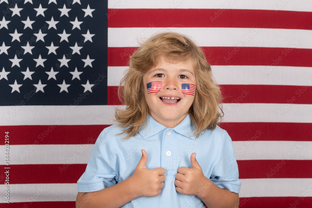 Independence day 4th of july. United States of America and children concept. Fourth of july independence day of the usa. Child with american flag cheek. American child.