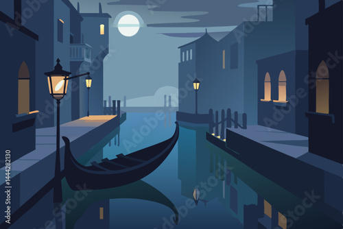 Romantic Italian gondolas drift through Venice's canals at night, reflecting the city's unique architecture and rich history