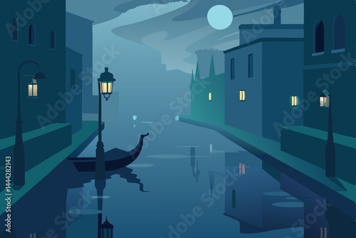 Venice urban cityscape vector illustration at night with building silhouettes and a moonlit sky