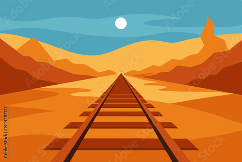 Sunset landscape illustration of a desert road winding through mountains under an orange sky with silhouetted trees