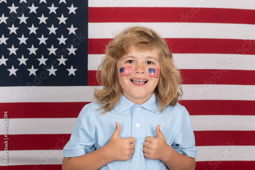 Obraz na płótnie Independence day 4th of july. United States of America and children concept. Fourth of july independence day of the usa. Child with american flag cheek. American child. w salonie