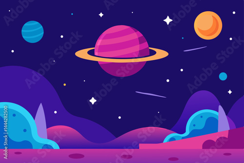 Cartoon illustration of a UFO by the moon and stars over a night sky, sea, and beach landscape