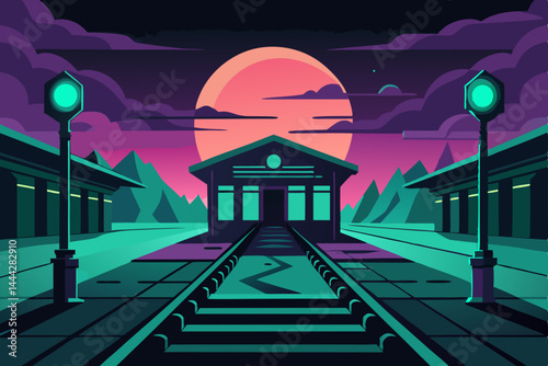 Spooky Halloween night city landscape with a haunted house silhouette under a dark, starry sky and moon