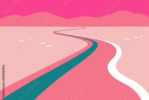 Desert highway curves toward the horizon, a winding asphalt path through an empty summer landscape