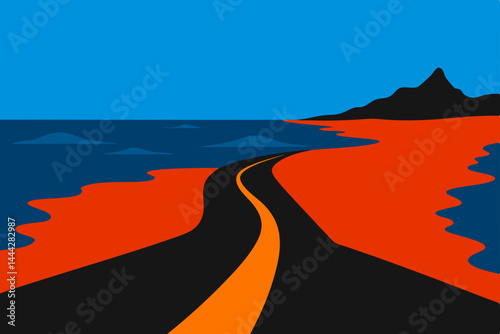 Coastal Highway Abstract Landscape Illustration of Road Trip, Ocean, and Mountains