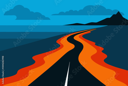 Empty asphalt highway winding through a coastal landscape at sunset, with mountains, clouds, and the ocean meeting the horizon on a journey to the sea
