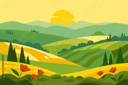 Tuscan Hills Sunset Rolling Green Landscape Illustration