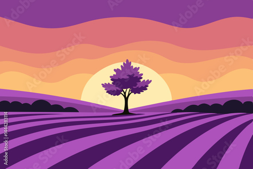 Serene Sunset Landscape Purple Fields and Solitary Tree Silhouette