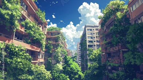 Wallpaper Mural Lush Urban Oasis Overgrown Buildings Under a Summer Sky Torontodigital.ca