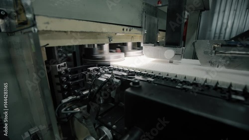 Conveyor line at paper mill. Modern production of napkins