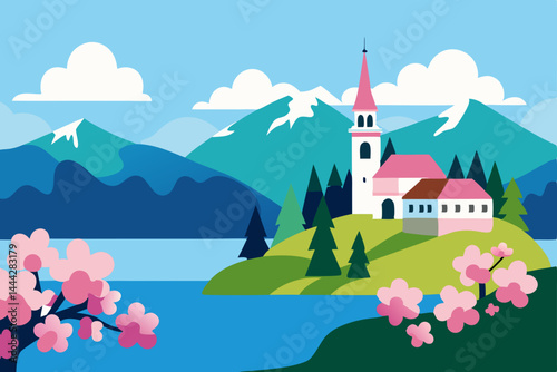 Serene Lakeside Village Spring Blossoms and Majestic Mountains