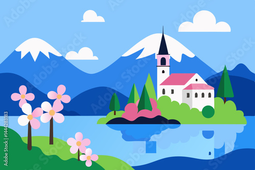 Serene Lakeside Church Springtime in the Mountains Illustration