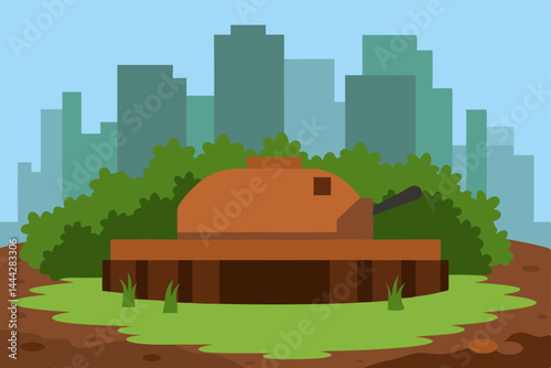Vector illustration of a vibrant urban landscape with buildings, a city park, and a scenic skyline
