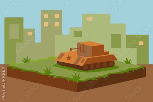 Here's a concise description combining your terms:

Isometric vector illustration of an old factory building in a vibrant city landscape with houses, roads, and trees