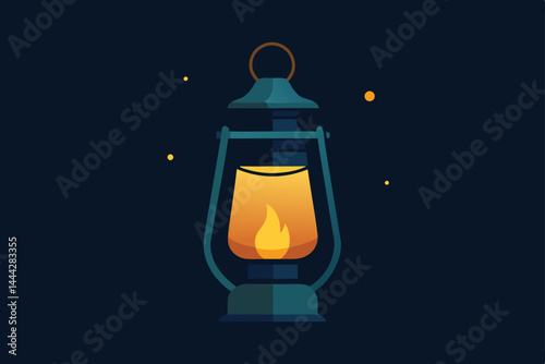 Antique metal oil lamp with a lit candle, casting a warm glow on a dark background