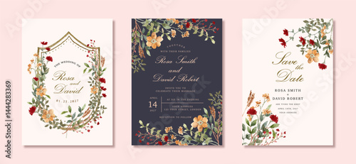 wedding invitation set with beautiful wildflower watercolor frame