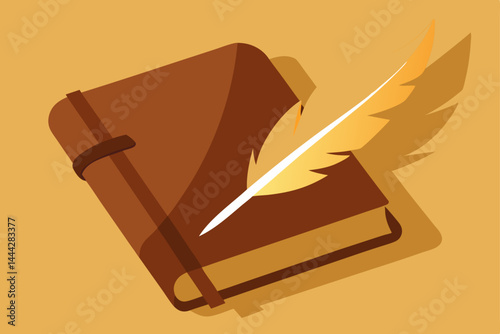 Old vintage book with feather quill and inkwell on an antique parchment scroll