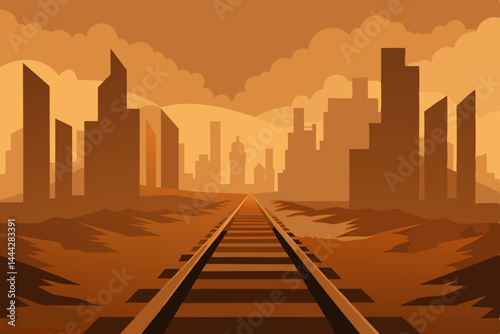 Orange sunset over the urban city skyline, with silhouetted buildings and towering skyscrapers
