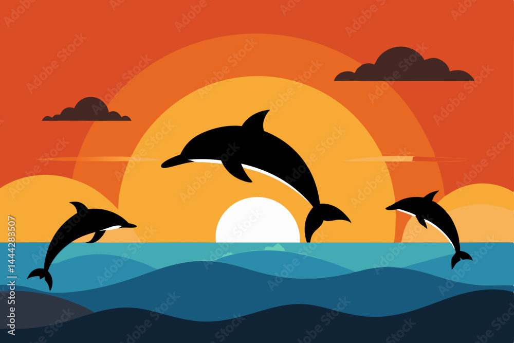 Graceful dolphins jumping from the ocean water, a vibrant vector illustration with the sun setting over the sea waves and a playful fish