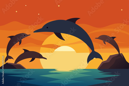 Jumping dolphins in the ocean create a beautiful silhouette against the summer sky, illustrating the vibrant nature of sea life