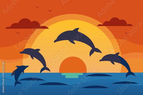Vibrant vector illustration of dolphins jumping in the blue ocean with sun and sky
