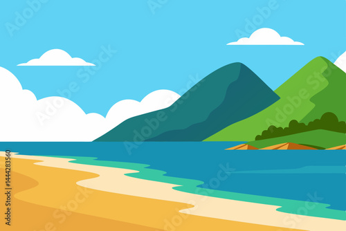 Scenic island landscape with mountains and clouds in the blue ocean