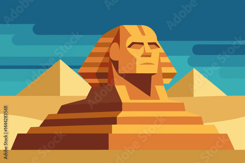 Ancient Egyptian Sphinx and pyramids stand majestically against a desert sky in Giza