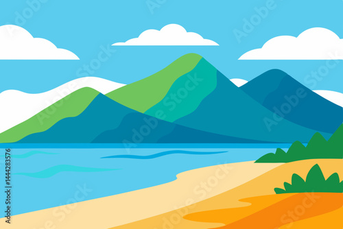 Majestic mountain landscapes meet the sea under a blue sky, showcasing nature's serene view with distant clouds and the glistening ocean