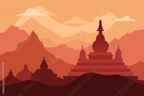 Serene Sunset Himalayan Mountain Landscape with Ancient Stupas