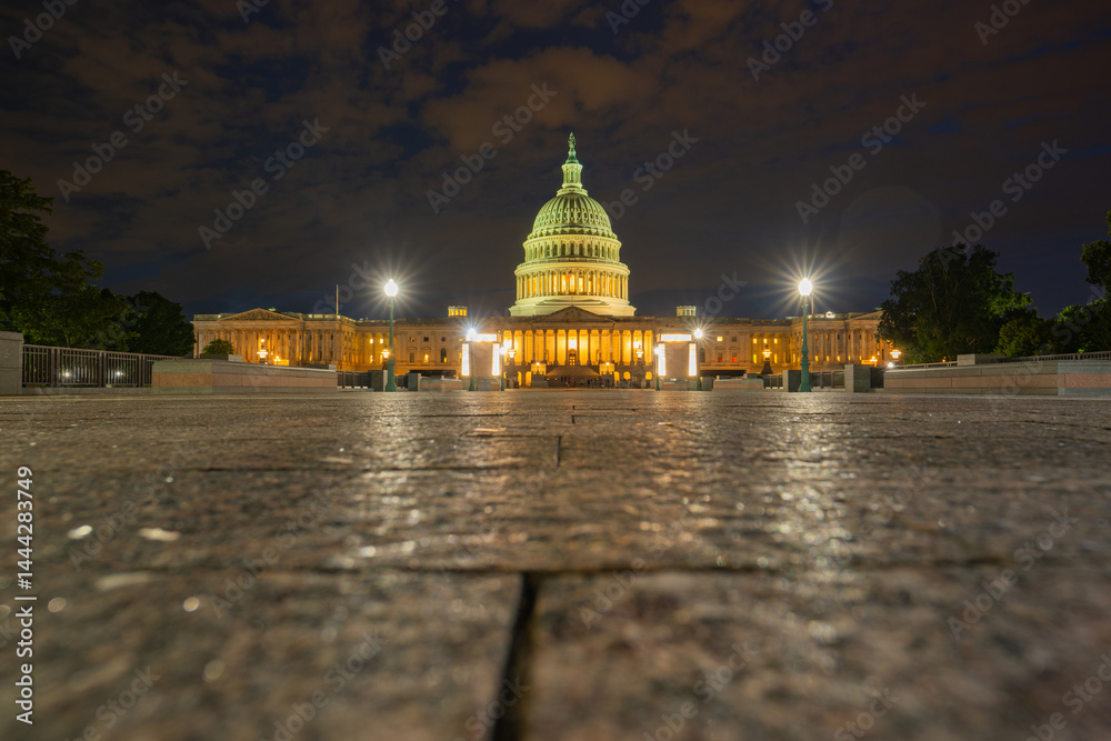 Washington, DC is the capital of the USA. The state capitol buildings in Washington, DC. The Congress in Washington, DC. American flag waving. The Capitol Hill in Washington, DC.