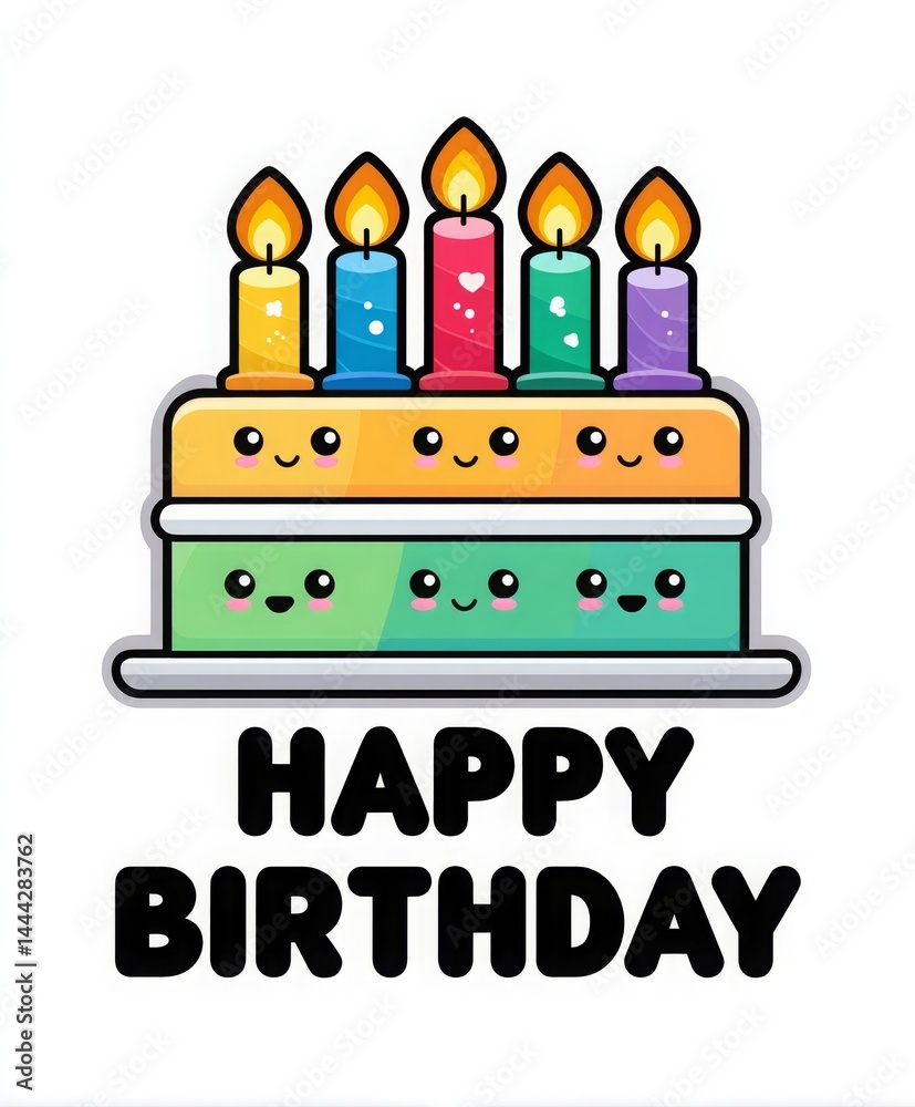 Obraz premium Colorful Birthday Cake with Happy Birthday Text and Candles